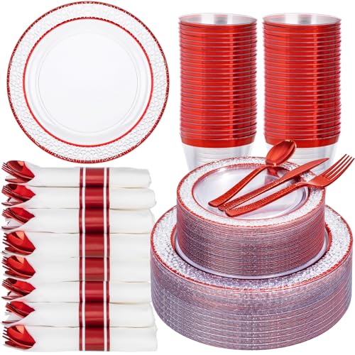 350PCS Clear Plastic Plates with Gold Trim Disposable Dinnerware Set A436