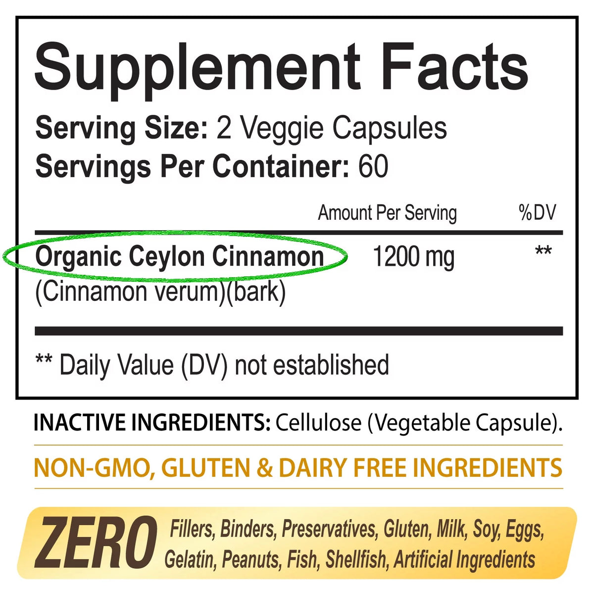 Organic Ceylon Cinnamon 1200mg per Serving, 120 Capsules K733