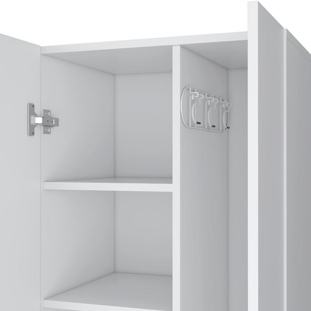 White Double-Door Broom Cabinet with Inner Shelves and Side Hangers M3099