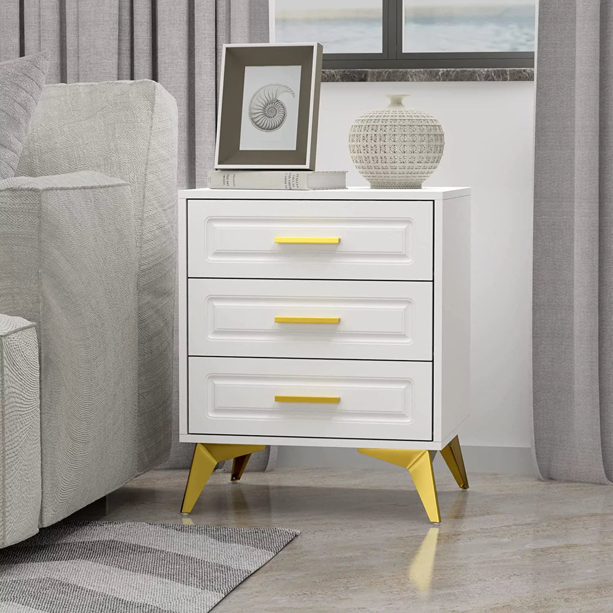 White 3 Drawer Wood Nightstand O744439