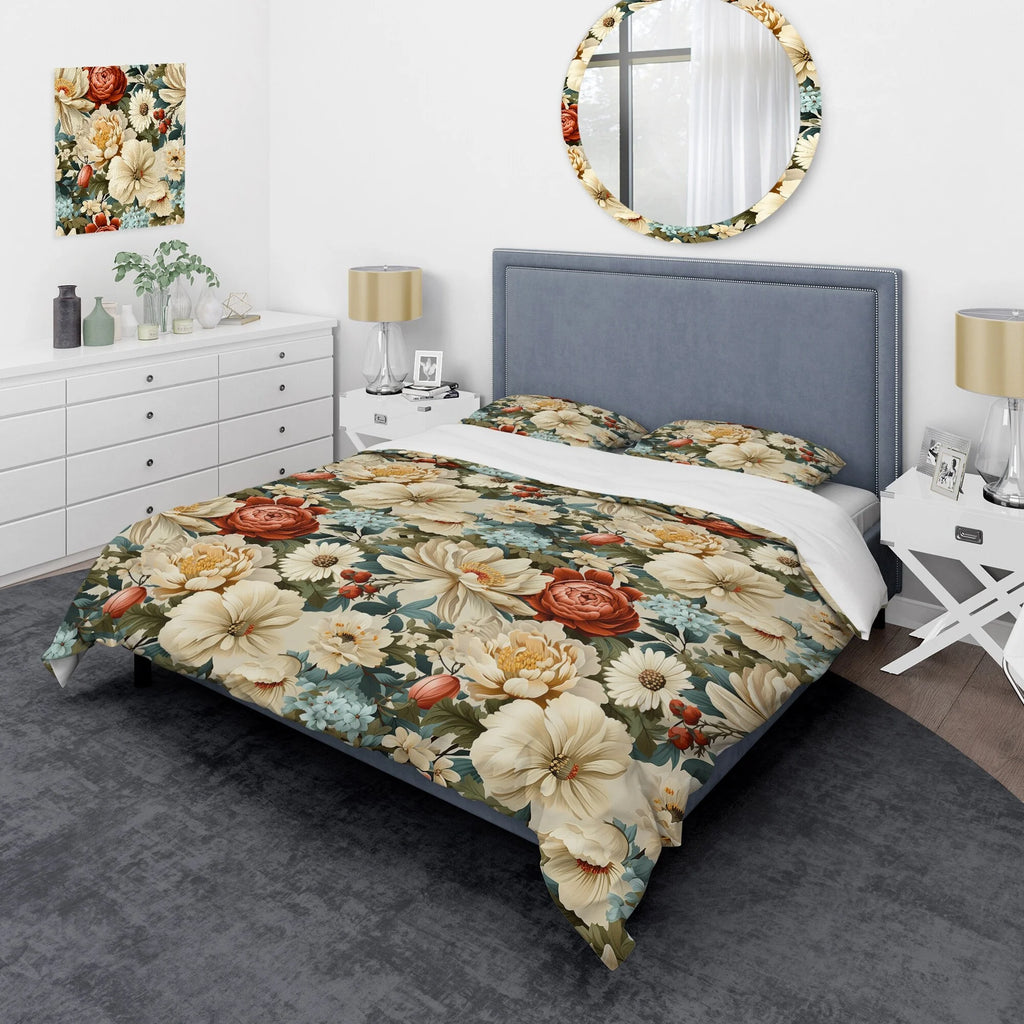 Beige Red Cottage Bedding Set With Shams Full Queen P1735