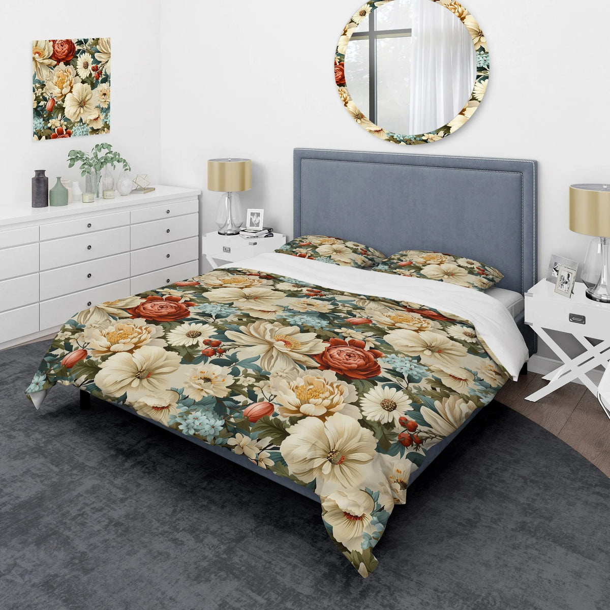 Beige Red Cottage Bedding Set With Shams Full Queen P1735
