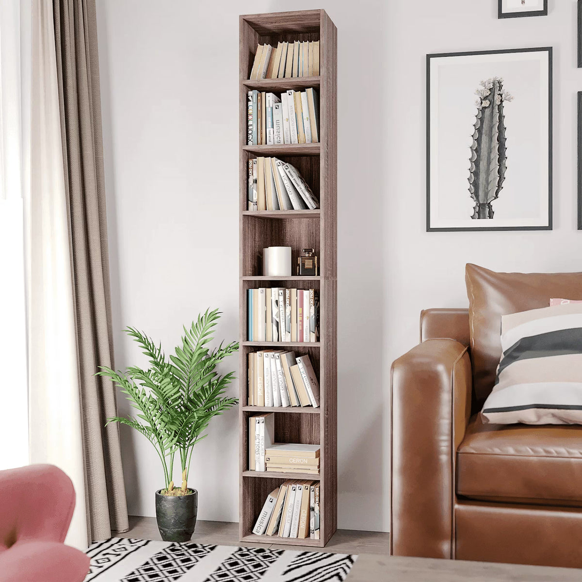 Dark Oak 8 Shelves Narrow Bookcase J59266