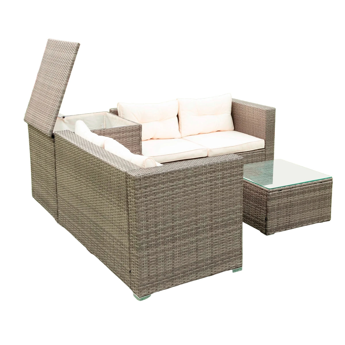 Creme 4 Piece Patio Sectional Wicker Rattan Outdoor Furniture Sofa Set with Storage Box D4560
