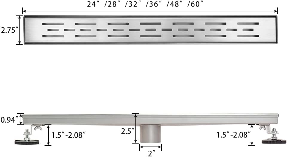 36 inch Linear Shower Drain with Brushed 304 Stainless Steel Bar Pattern Grate V5611