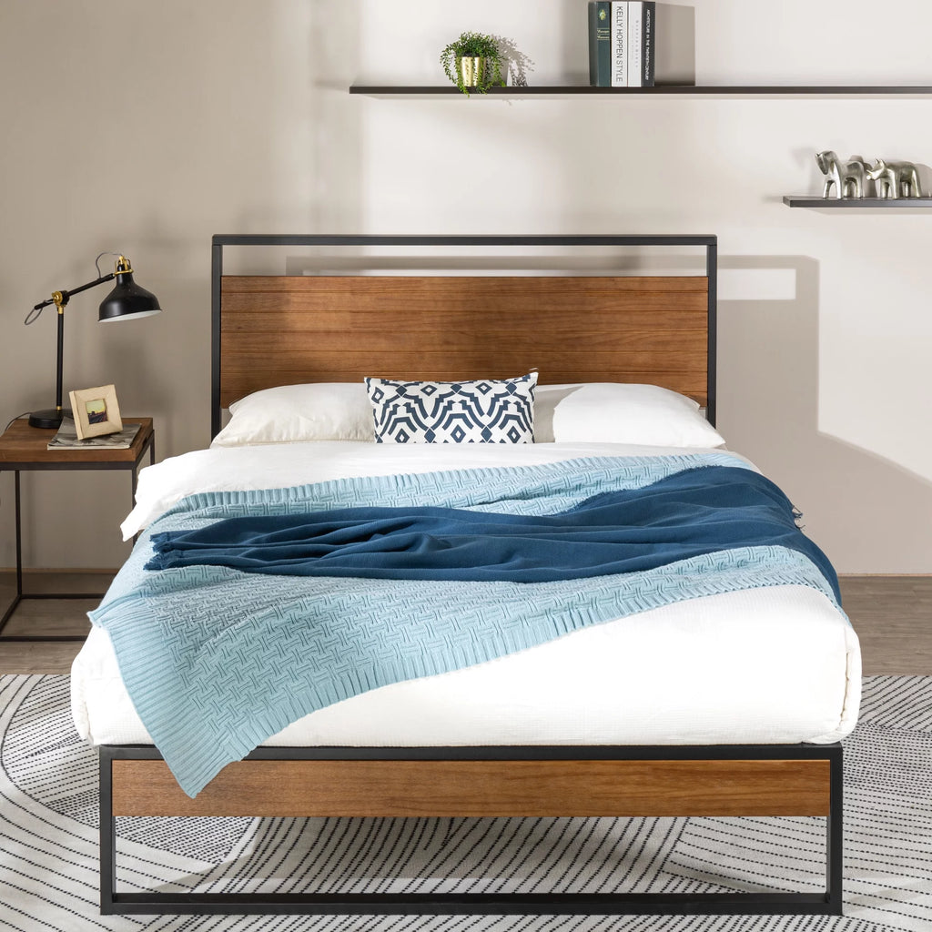 Metal and Wood Platform Bed Frame with Headboard, Chestnut Brown, Full Y4403