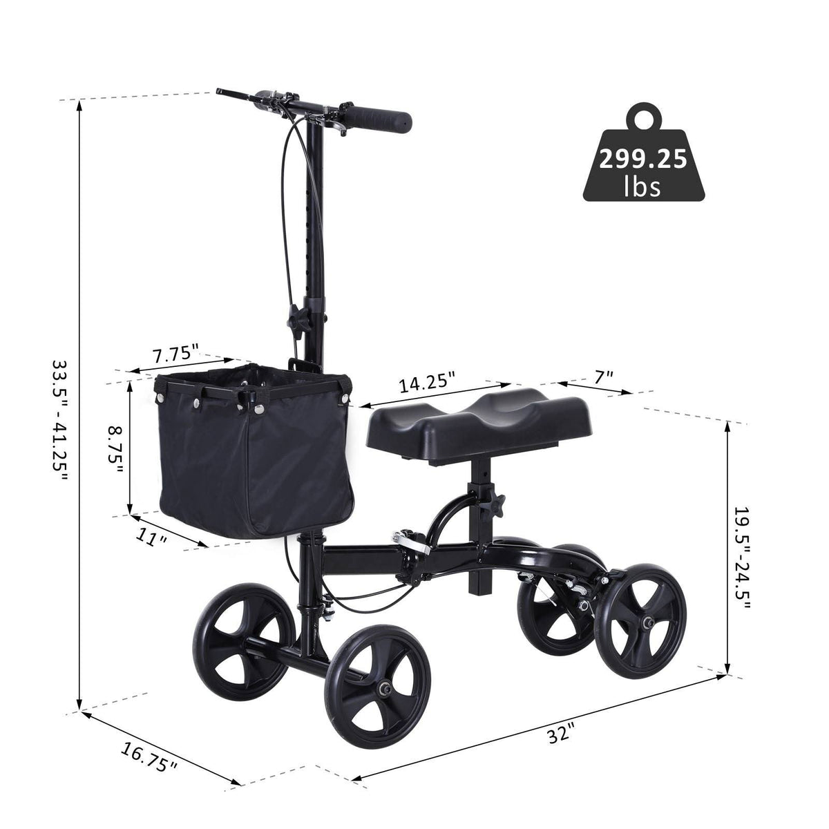 Black Foldable Knee Walker Scooter with Basket T4392