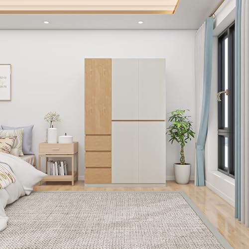 4 Door Wardrobe Closet with Clothing Rod, 4 Drawers, Mirror, 62.99" D x 18.9" W x 70.87" H D40883