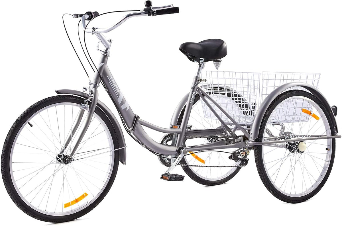 26 Adult Folding Tricycle 1 Speed High Carbon Steel Three Wheeled Trike with Large Rear Basket Adjustable Spring Saddle Rubber Tires Bell Reflectors A470