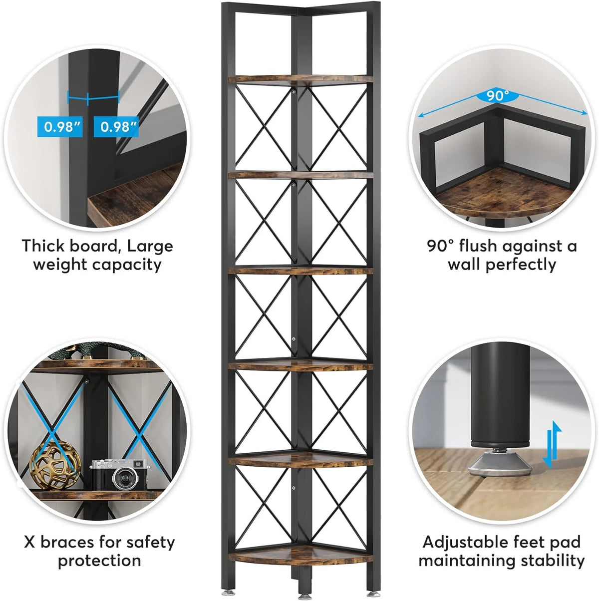 6 Tier Corner Shelf Rustic Corner Bookshelf Small Bookcase Corner Storage Rack Plant Stand K835244
