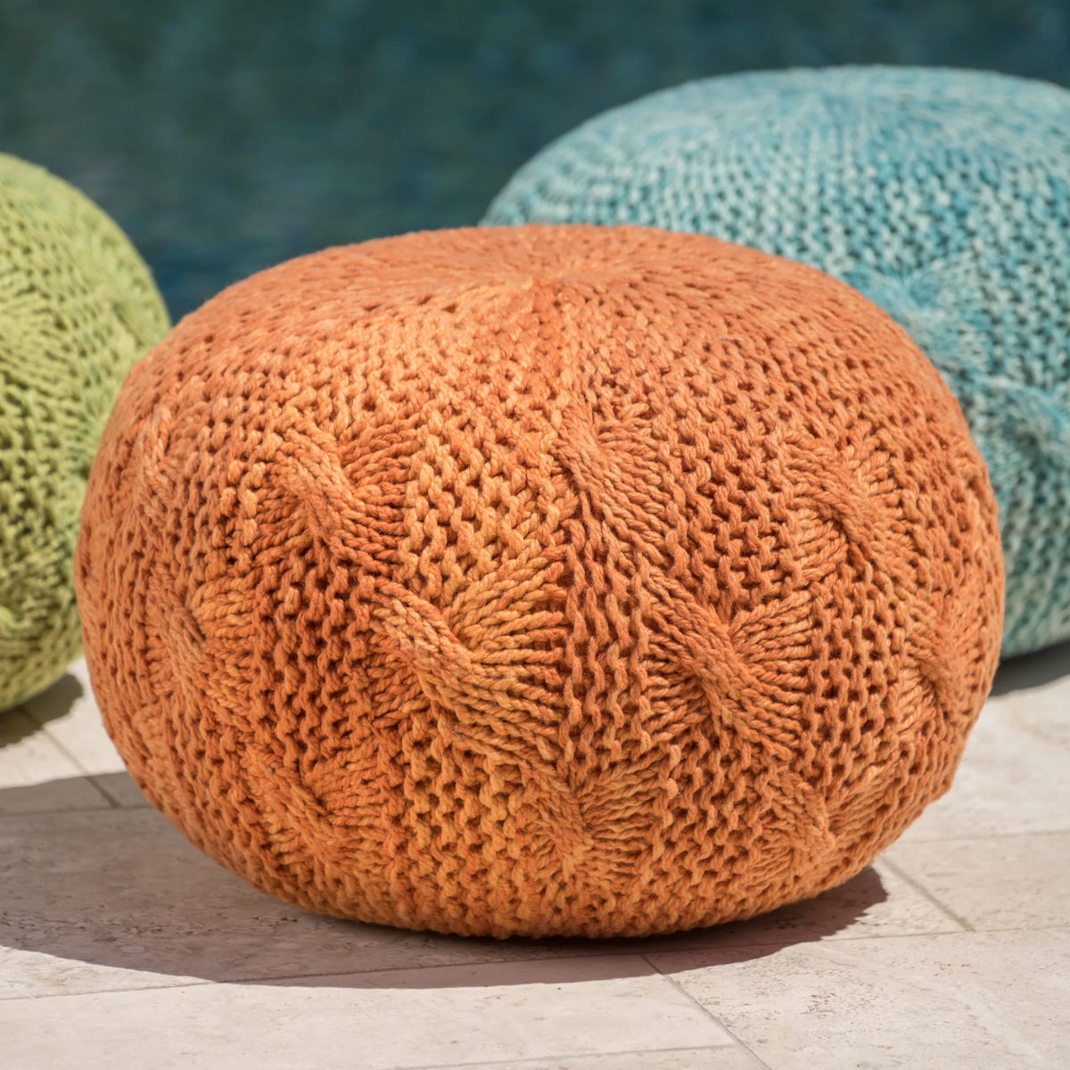 Orange Hand Knitted Weave Fabric Pouf P16232