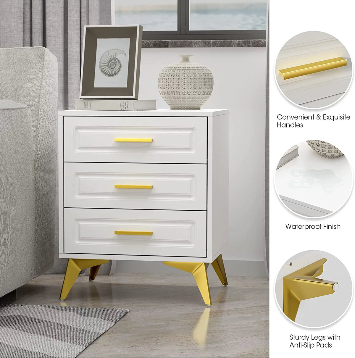 White 3 Drawer Wood Nightstand O744439