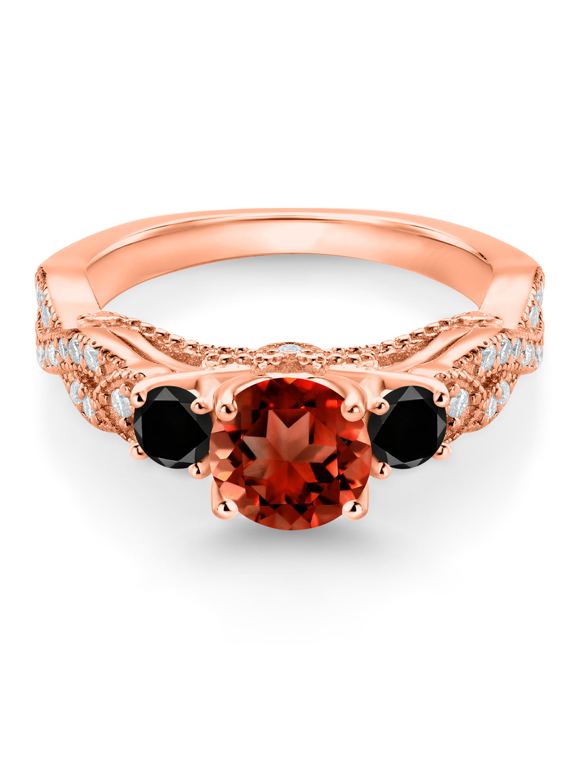 18K Rose Gold Plated Silver Red Garnet Black Diamond White Moissanite Engagement Ring B772354