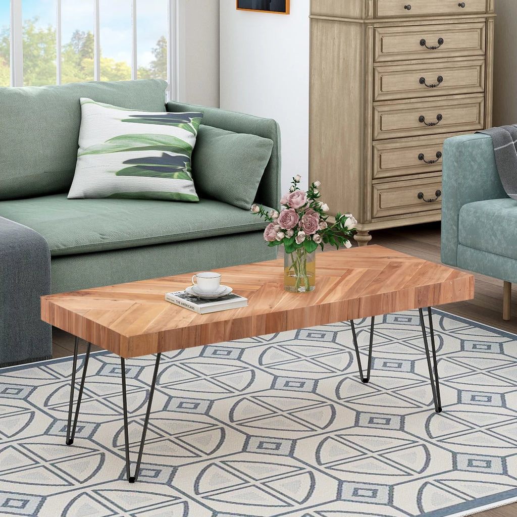 Modern Coffee Table with Chevron Pattern and Metal Hairpin Legs Y82430