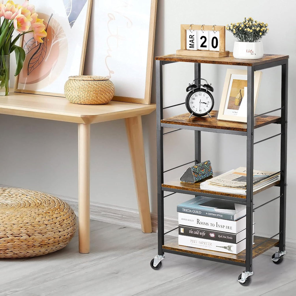 Brown 4 Tier Wood Rolling Kitchen Cart with Storage C419234