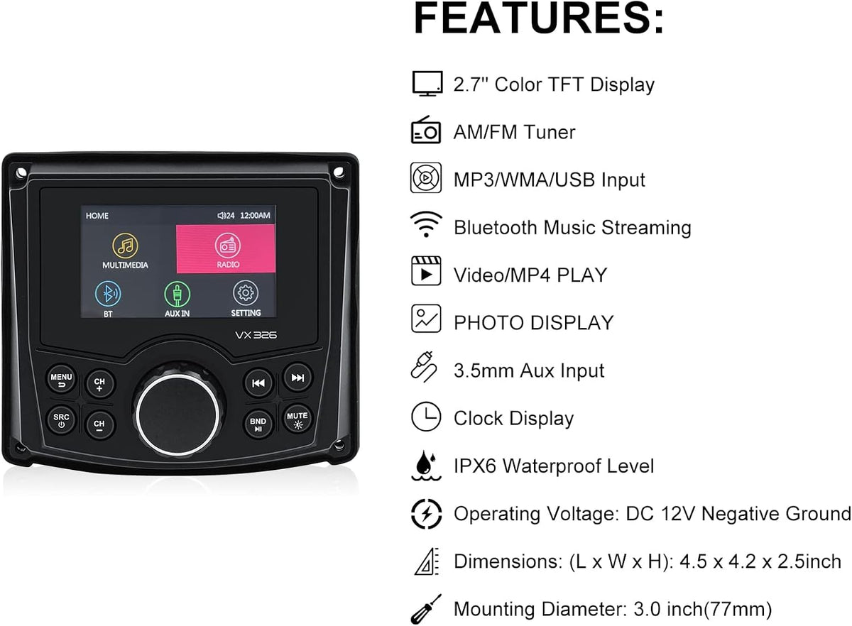 Marine Stereo Bluetooth Waterproof Digital Display Radio Media Receiver with AM/FM USB MP3 P2532