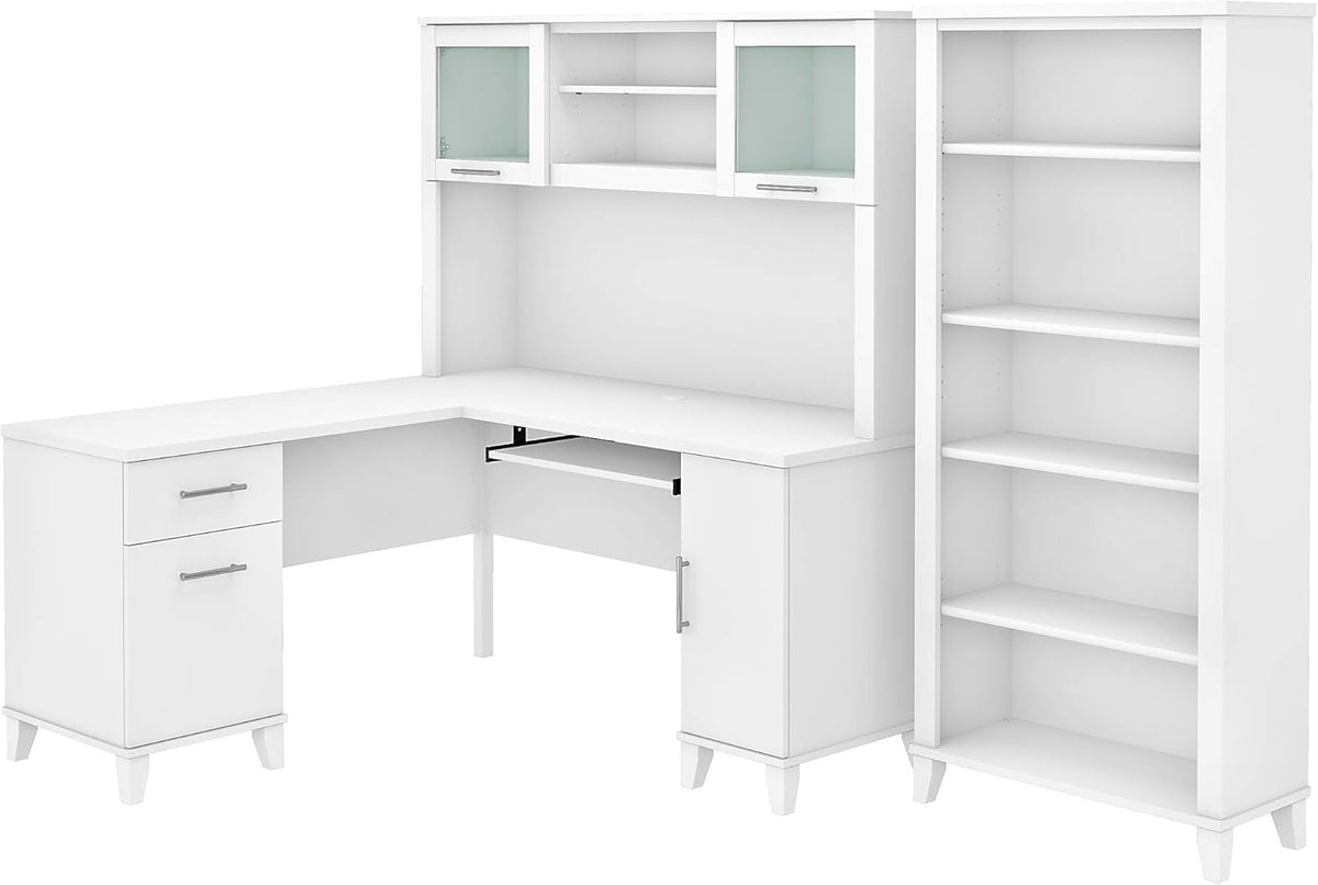 L Shaped Desk with Hutch and 5 Shelf Bookcase S10496