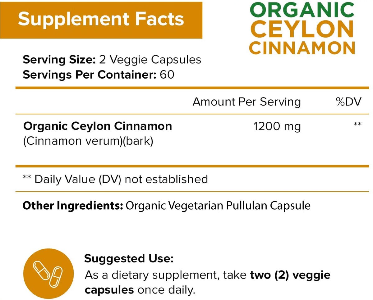 Organic Ceylon Cinnamon 1200mg per Serving, 120 Capsules K733