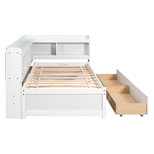 White Pine Wood Twin Size Platform Bed with L-shaped Bookcase Headboard and 2 Storage Drawers I777