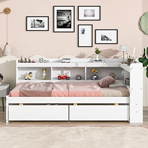 White Pine Wood Twin Size Platform Bed with L-shaped Bookcase Headboard and 2 Storage Drawers I777