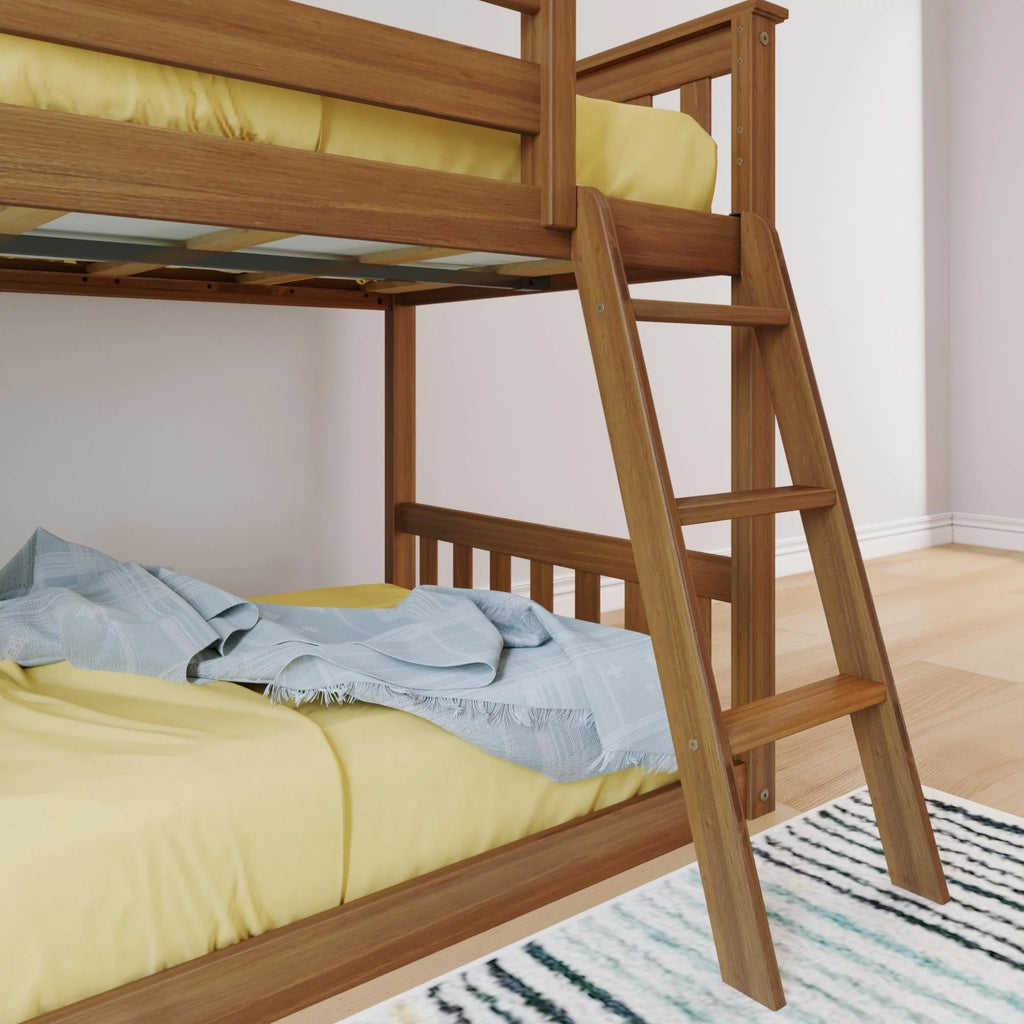 Twin over Twin Solid Wood Low Bunk Bed with Ladder, Pecan J32316