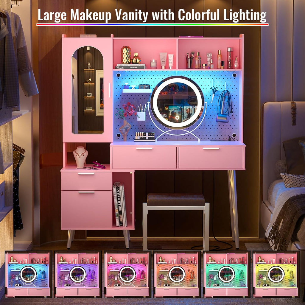 48 Inch Pink Vanity Desk with Mirror, LED Light, Charging Station, Drawers, Cabinet, Pegboard, Shelves, Storage Hutch B8214