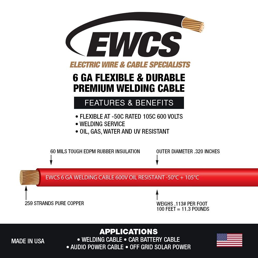 6 Gauge Welding Cable 600 Volt Red 25 Feet V676376