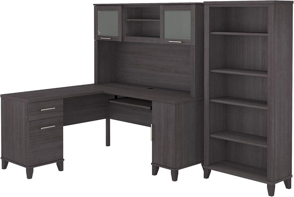 L Shaped Desk with Hutch and 5 Shelf Bookcase S10496