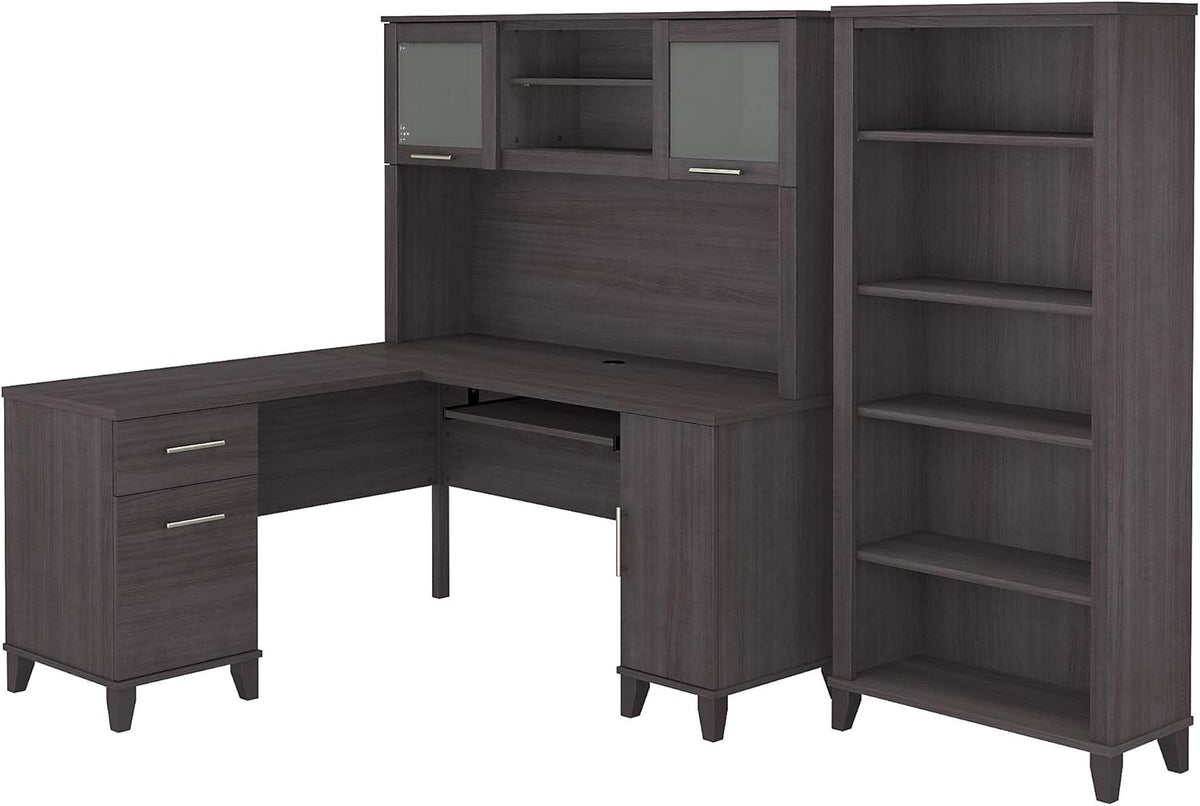 L Shaped Desk with Hutch and 5 Shelf Bookcase S10496