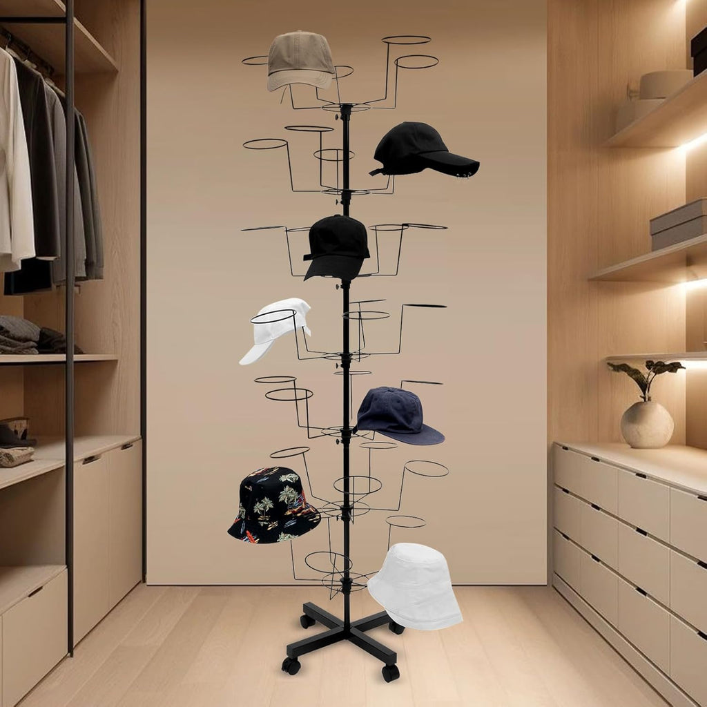 7 Tier Rotating Hat Display Stand with 4 Wheels, Adjustable Metal Hat Stand, 35 Metal Hooks, Black S23537