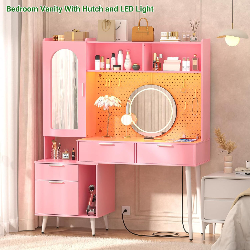 48 Inch Pink Vanity Desk with Mirror, LED Light, Charging Station, Drawers, Cabinet, Pegboard, Shelves, Storage Hutch B8214
