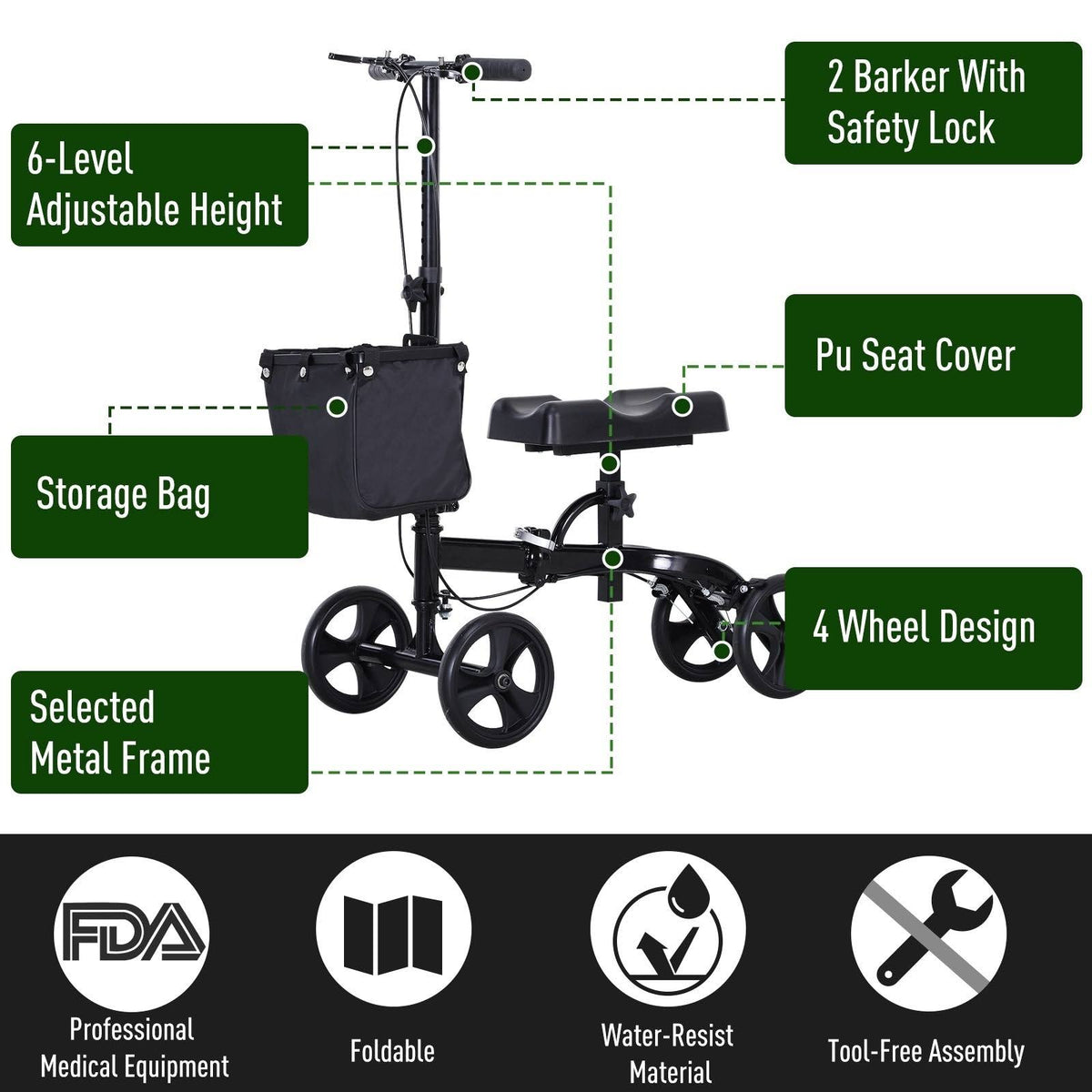 Black Foldable Knee Walker Scooter with Basket T4392