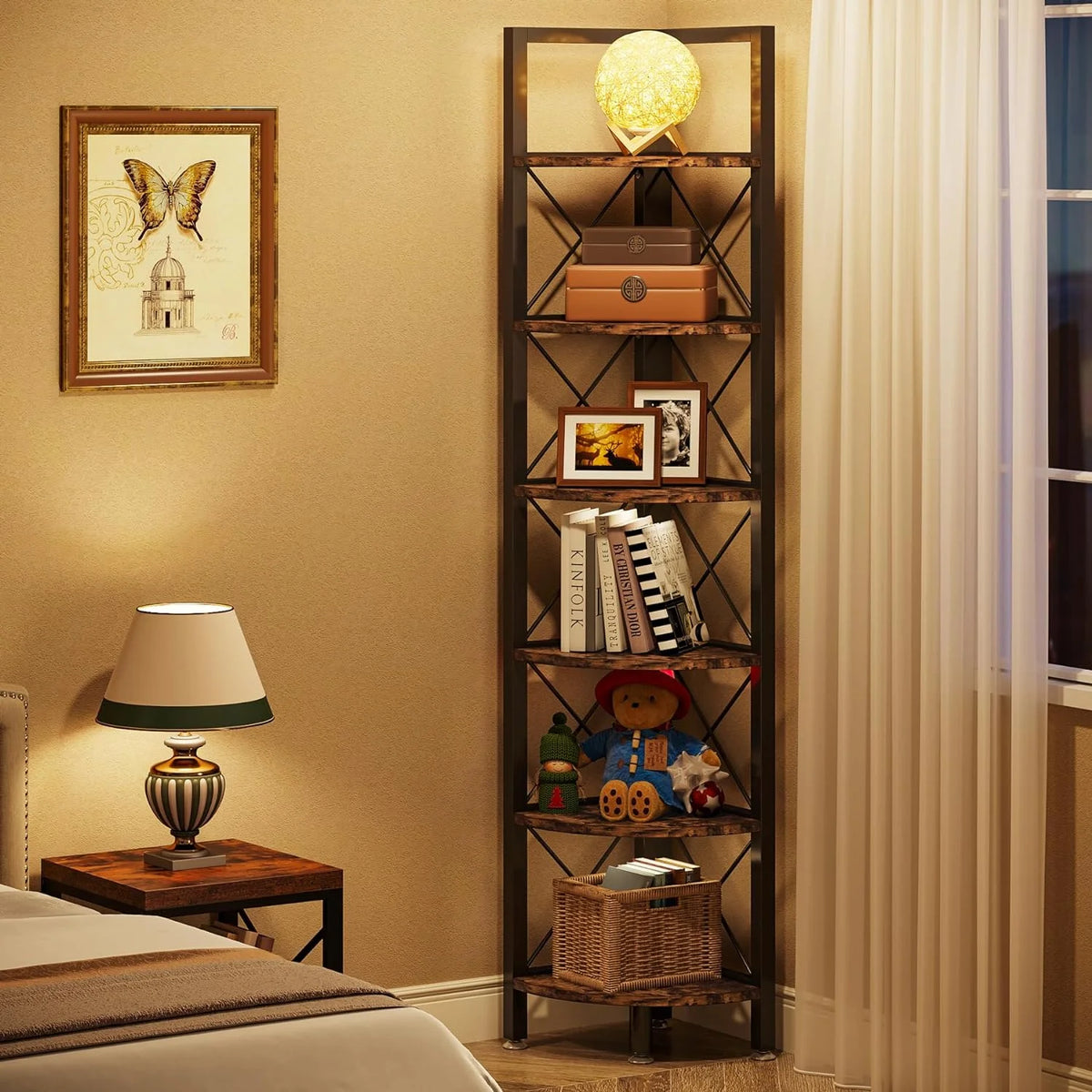 6 Tier Corner Shelf Rustic Corner Bookshelf Small Bookcase Corner Storage Rack Plant Stand K835244