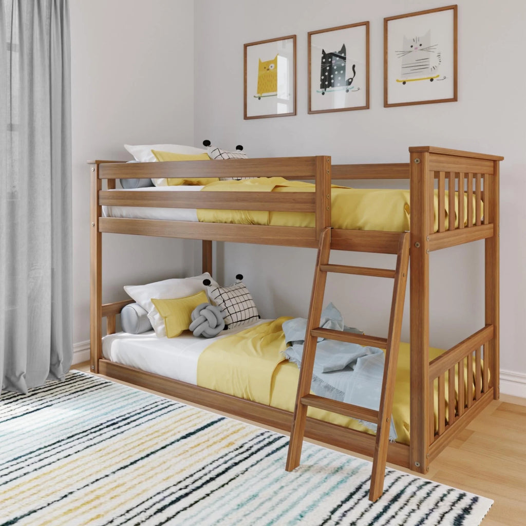 Twin over Twin Solid Wood Low Bunk Bed with Ladder, Pecan J32316