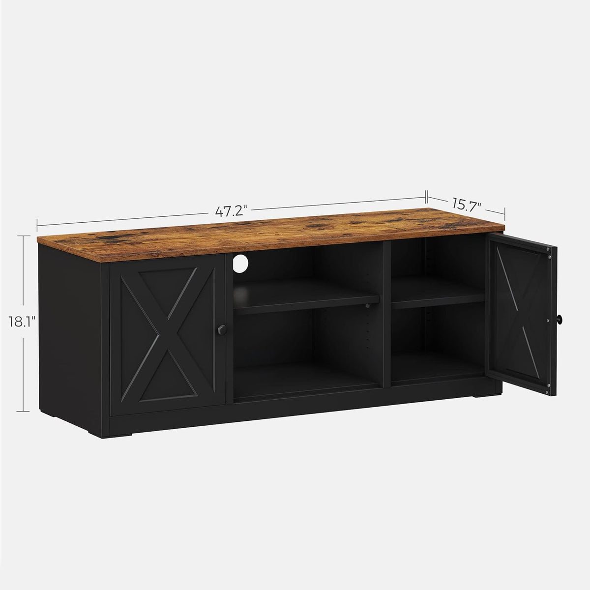 Rustic Brown and Black TV Stand with Open Shelves and 2 Cabinets I85755