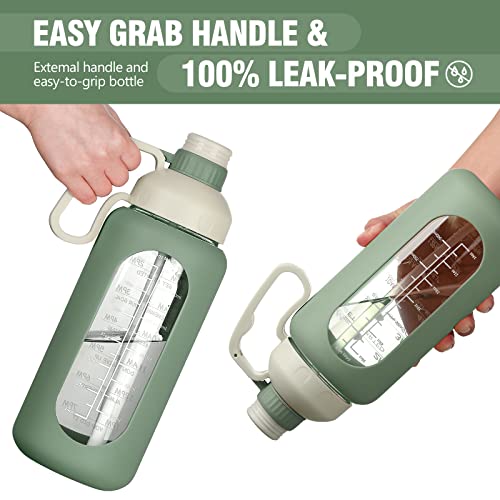 64oz Glass Water Bottle with Straw and Time Marker, Black Y553901
