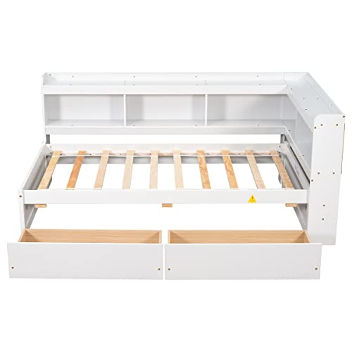 White Pine Wood Twin Size Platform Bed with L-shaped Bookcase Headboard and 2 Storage Drawers I777