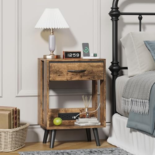Gray Nightstands Set of 2 with Fabric Drawer and Open Wood Shelf V389
