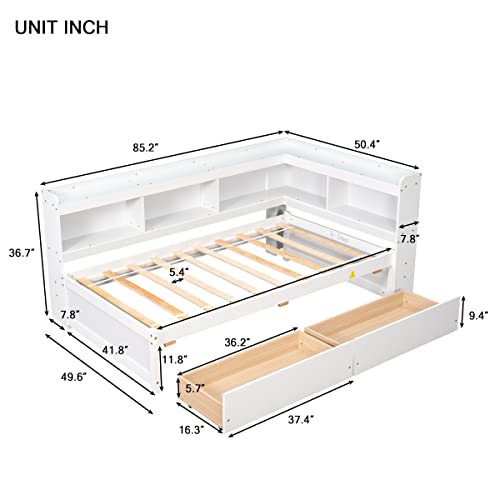 White Pine Wood Twin Size Platform Bed with L-shaped Bookcase Headboard and 2 Storage Drawers I777