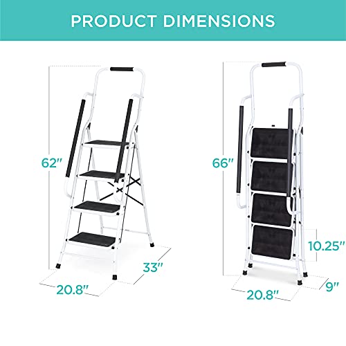 4-Step Folding Step Stool with Padded Hand Grips, Non Slip Rubber Feet, Attachable Tool Bag V642
