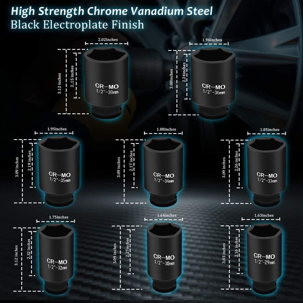 1/2 Inch 9PCS Deep Impact Socket Set 29mm-38mm with Storage Case G4636