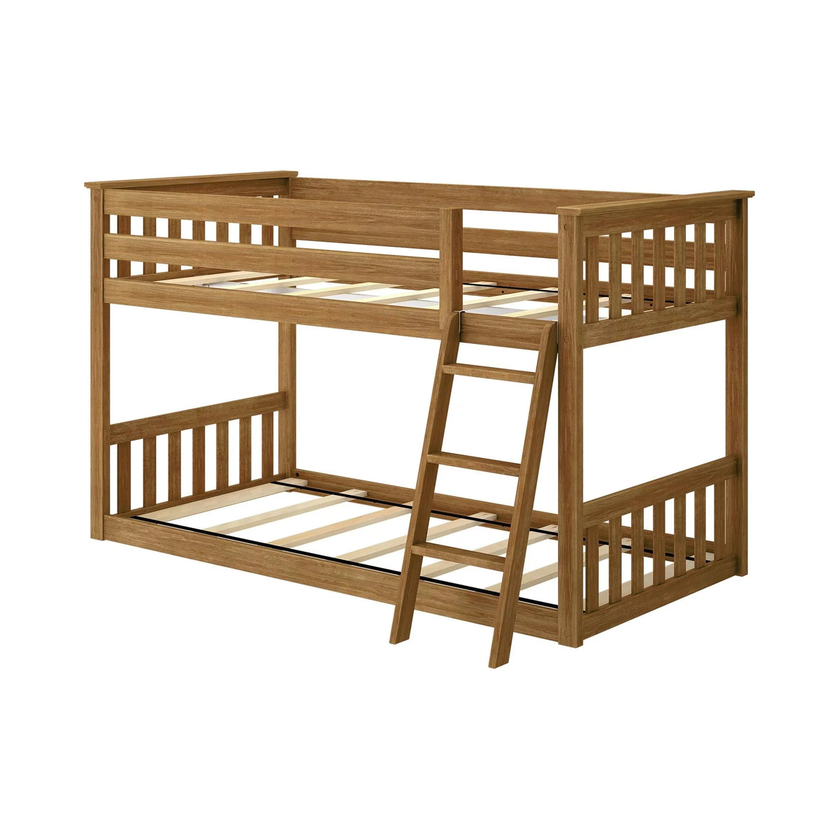 Twin over Twin Solid Wood Low Bunk Bed with Ladder, Pecan J32316