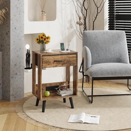 Gray Nightstands Set of 2 with Fabric Drawer and Open Wood Shelf V389