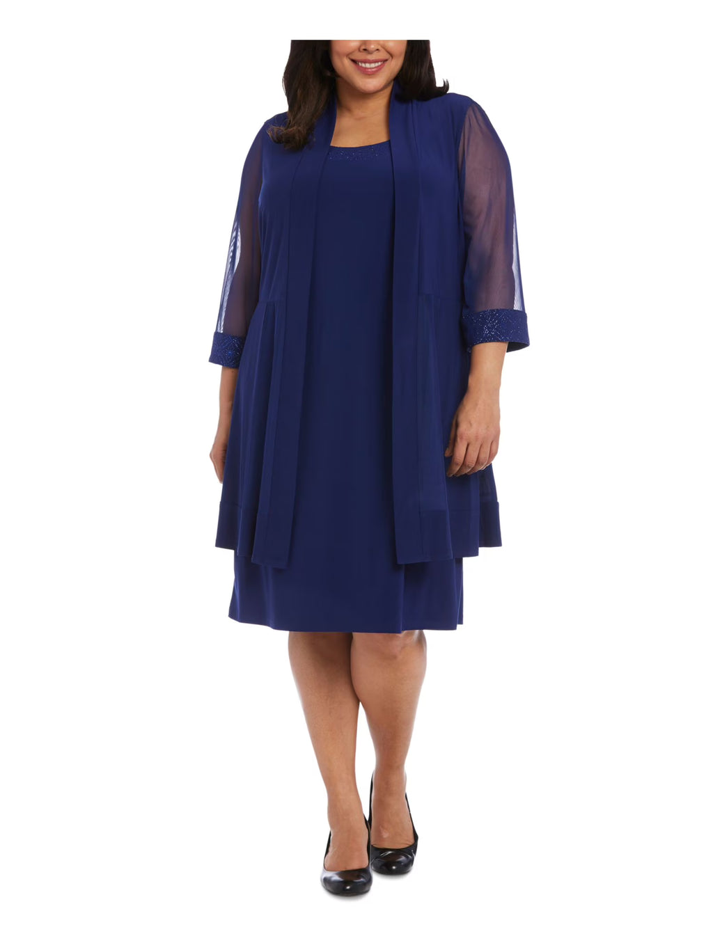 Blue Stretch Embellished Open Front 3/4 Sleeve Jacket Sleeveless Round Neck Knee Length Shift Dress Plus 2X F76713