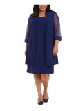 Blue Stretch Embellished Open Front 3/4 Sleeve Jacket Sleeveless Round Neck Knee Length Shift Dress Plus 2X F76713