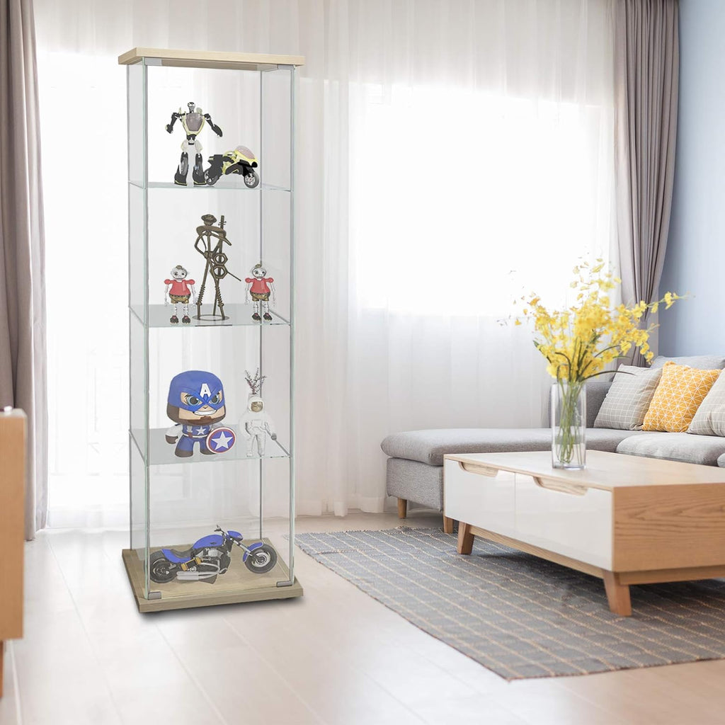 Curio Cabinet with Glass Doors 4 Shelves Glass Display Cabinet, 64”x 17”x 14.5”, Nature Wood R991