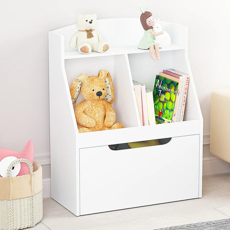 White Wooden Kids Bookcase with Toy Box on Wheels N530689