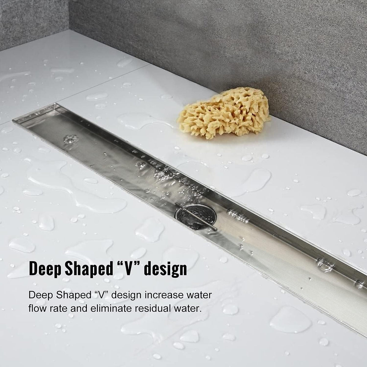 36 inch Linear Shower Drain with Brushed 304 Stainless Steel Bar Pattern Grate V5611