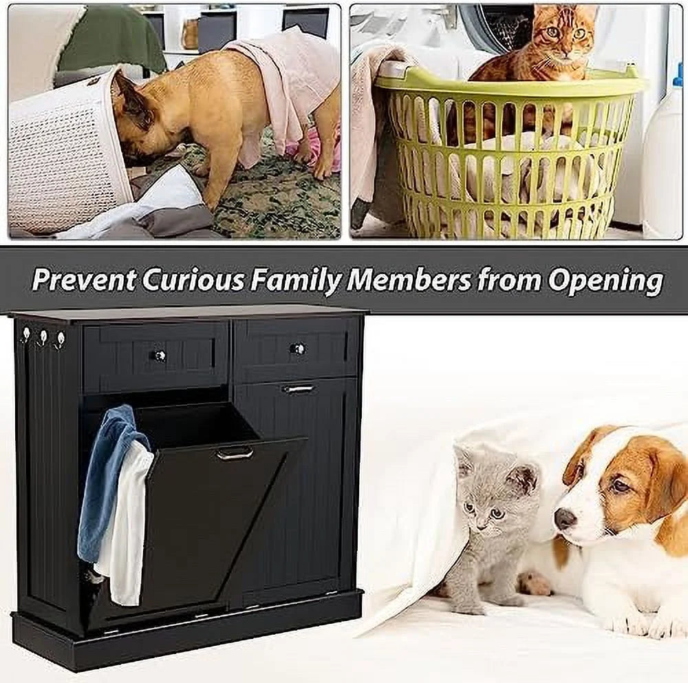 Double Tilt Out Trash Cabinet Laundry Hamper 20 Gallon Black G1050