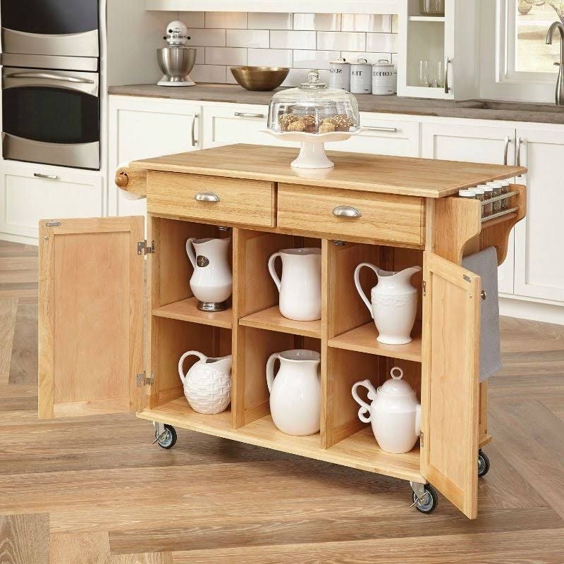 Natural Wood Finish Kitchen Island Cart with Locking Casters I320